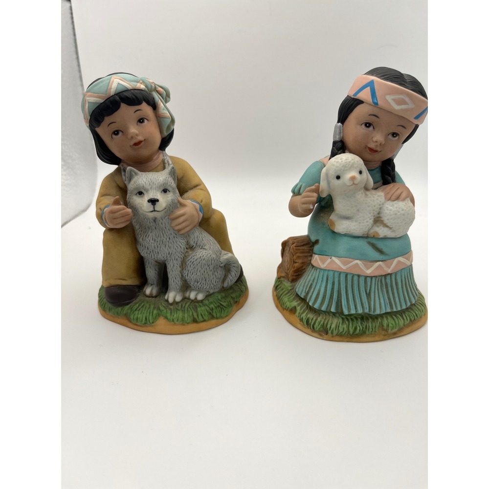 Vintage Homco 1428 Native American Children Figurines Boy Wolf Girl Lamb Set 2